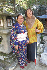 Mitu-san enjoying the experience of wearing a kimono at the home of her host family.